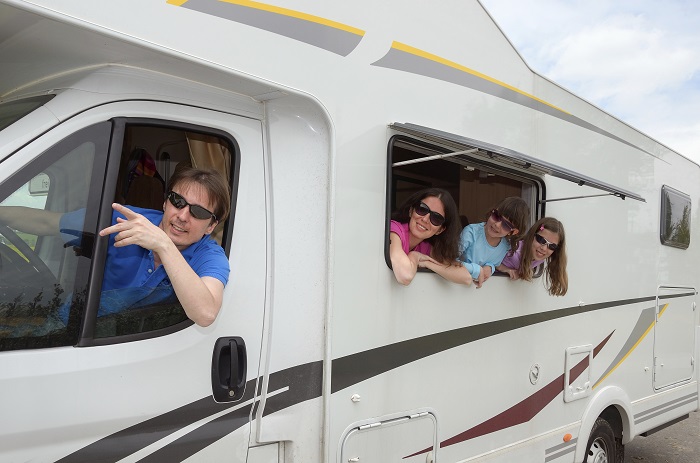 A family traveling in an RV