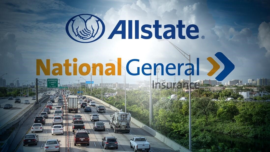 A busy highway filled with cars, trucks, and other vehicles driving in both directions under a cloudy sky. Superimposed over the highway is the logo for Allstate, below is a brand name that is called National General Insurance in blue and yellow text.